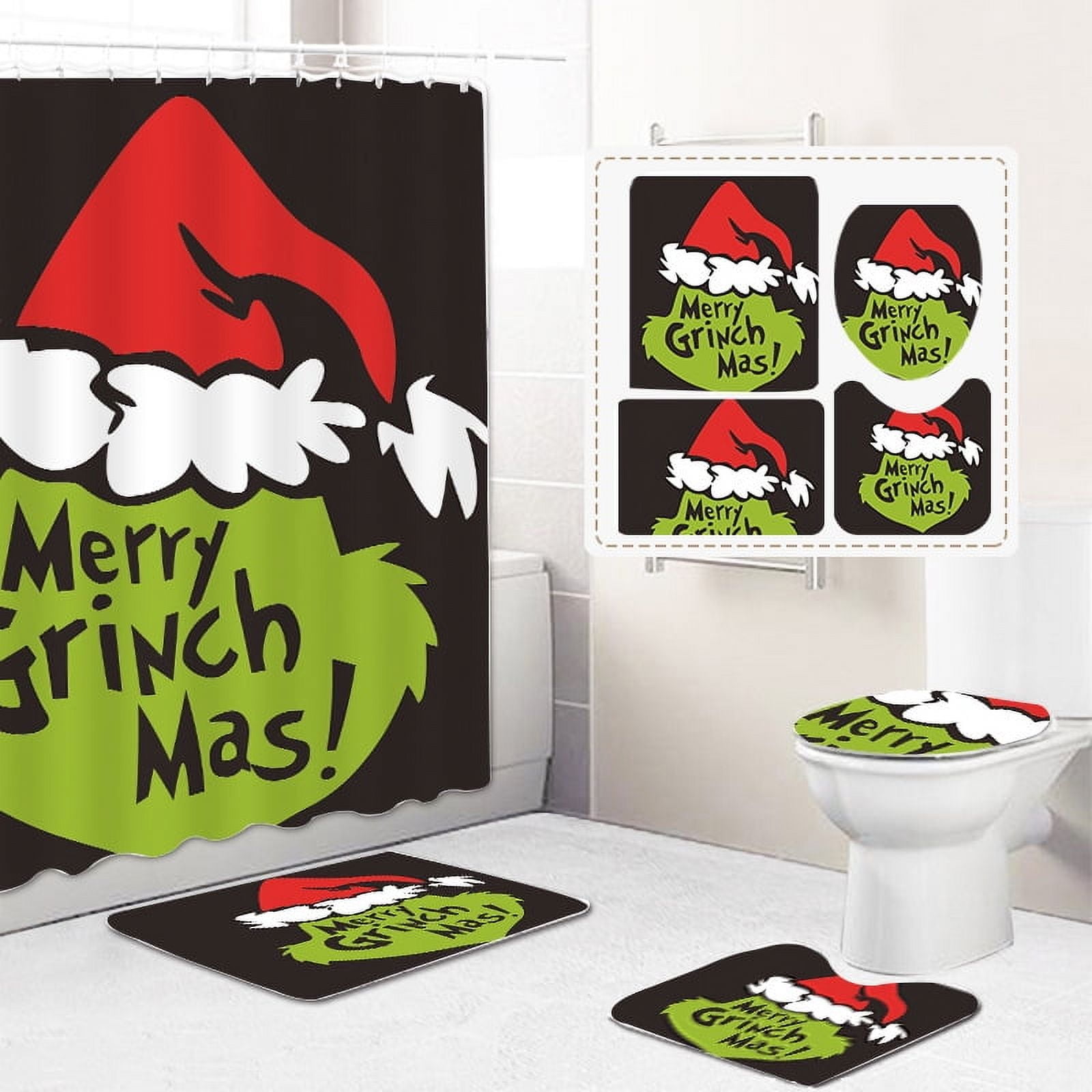 4 Pcs Christmas Bathroom Set, Christmas Shower Curtain Sets  Shower Curtain Non-Slip Rugs Toilet Lid Cover and Bath Mat Set 72 X 72 Inches with Hooks Christmas Holiday Bathroom Decor