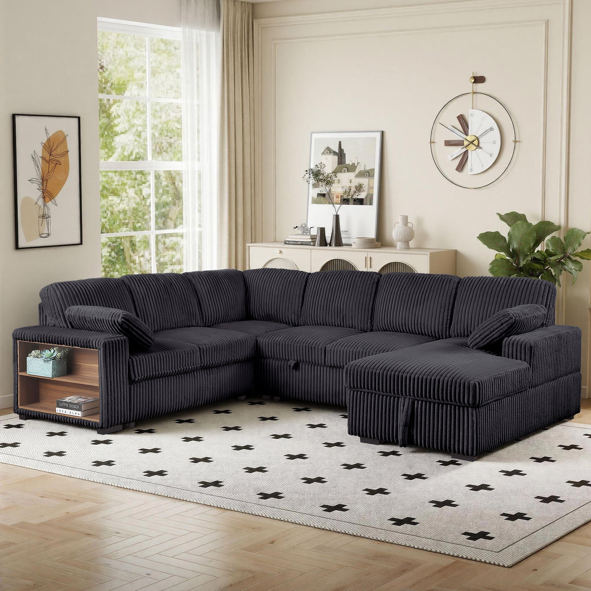 Gewnee 117 inch Sectional Sofa with Pull Out Bed,U-Shaped Modular Sectional with Storage,Cloud Couch for Living Room,Family Room & Apartment,Dark Grey