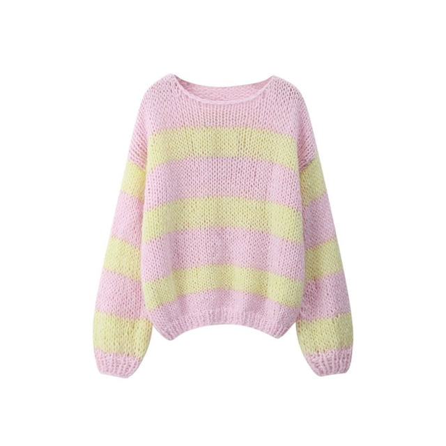 Gupgi Women Striped Sweaters Long Sleeve Loose Knit Pullover Preppy Jumper Tops for Fall Winter