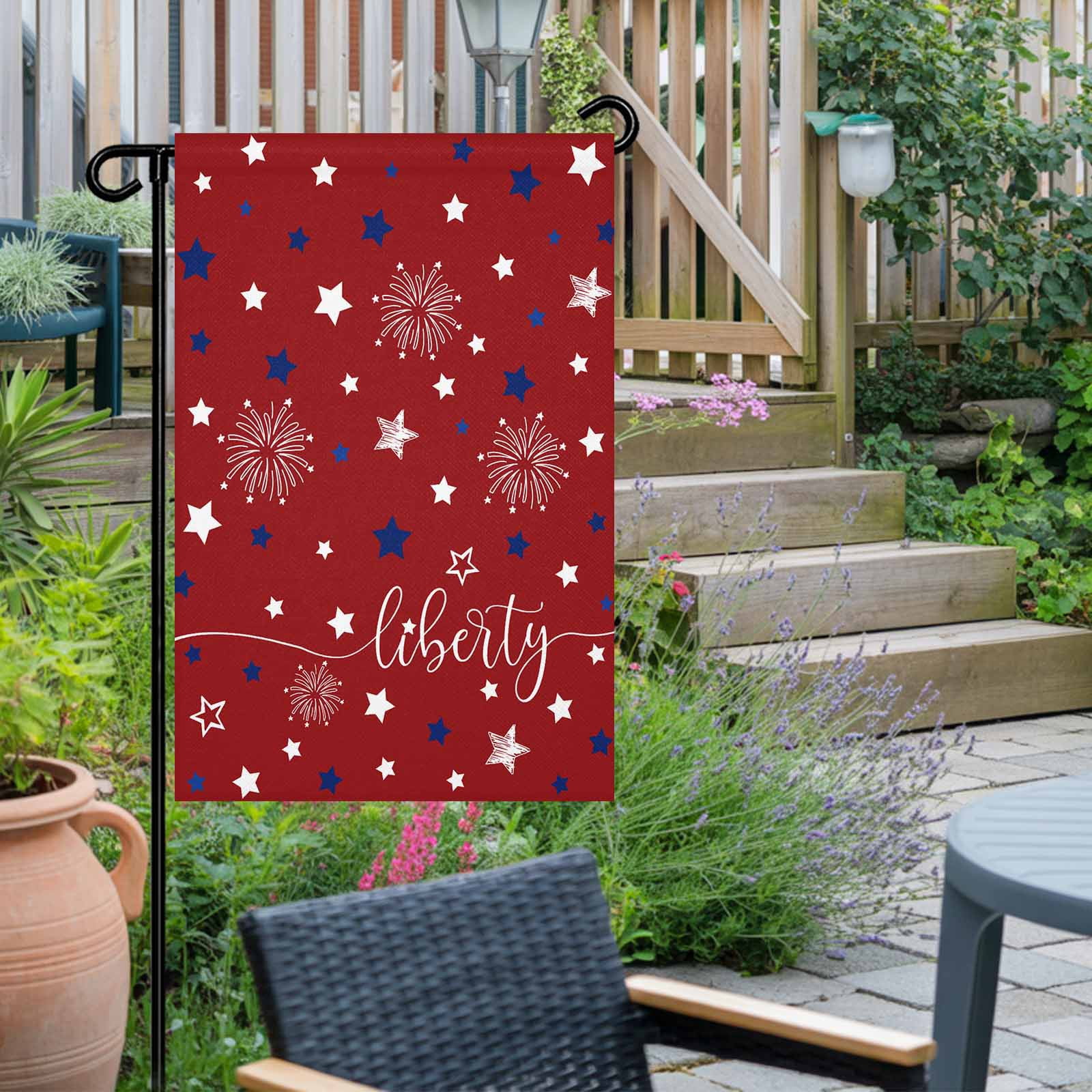 4th of July Garden Flags Patriotic Star Red White Blue Garden Flag Double Sided Welcome Flag Firework Liberty Independence Day Yard Flags for Outdoor Lawn Porch Memorial Day Holiday Decor 28x40 Inch