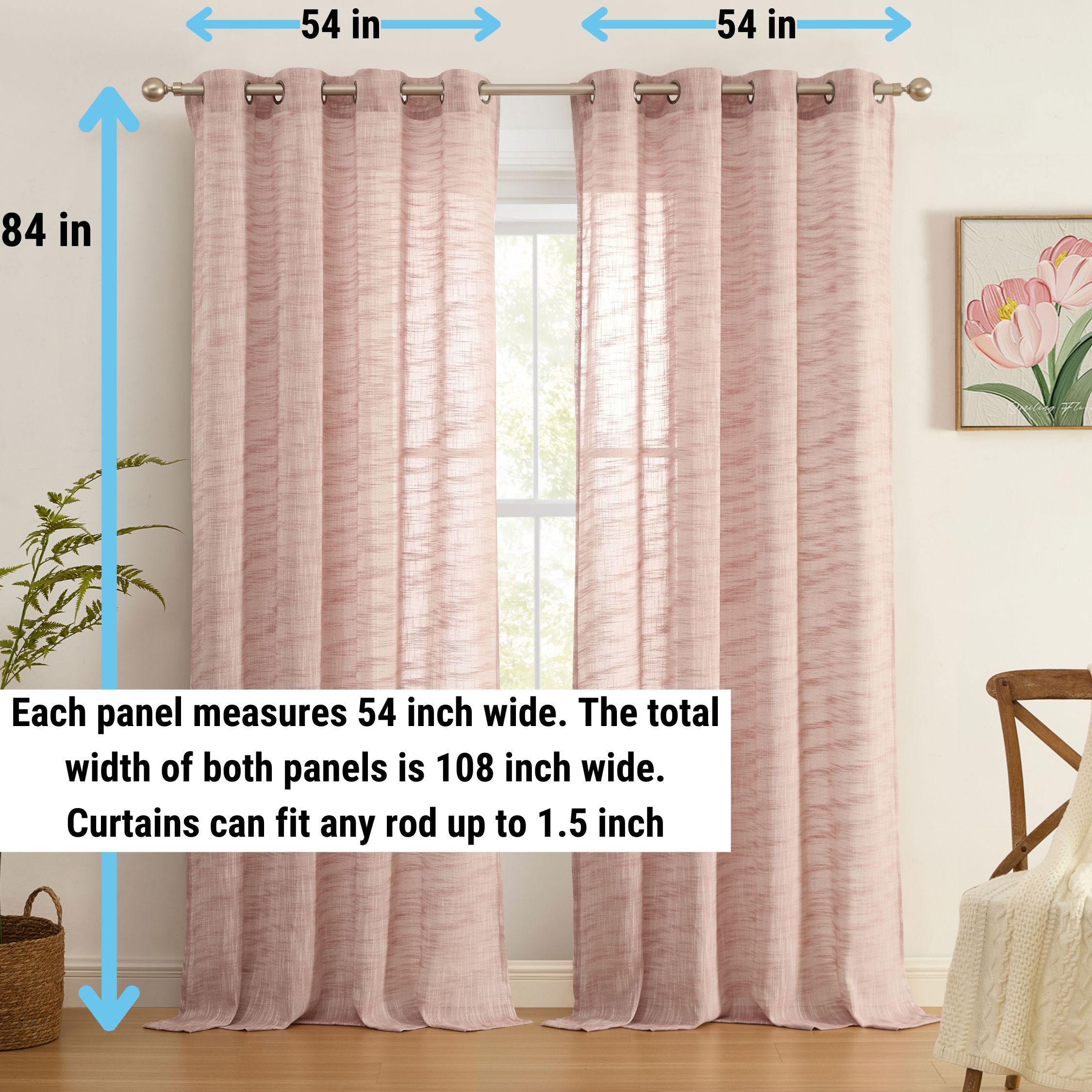 THD Harley Faux Linen Textured Semi Sheer Sun Light Filtering Window Grommet Curtain Panels, Set of 2 Panels