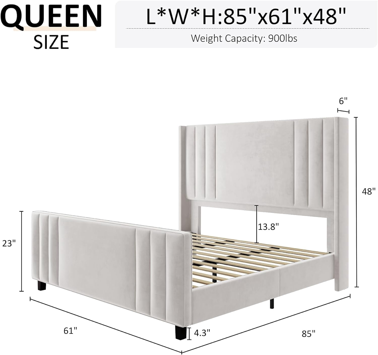 VanAcc Velvet Upholstered Queen Size Bed Frame with Headboard & Footboard/Wingback for Adult White