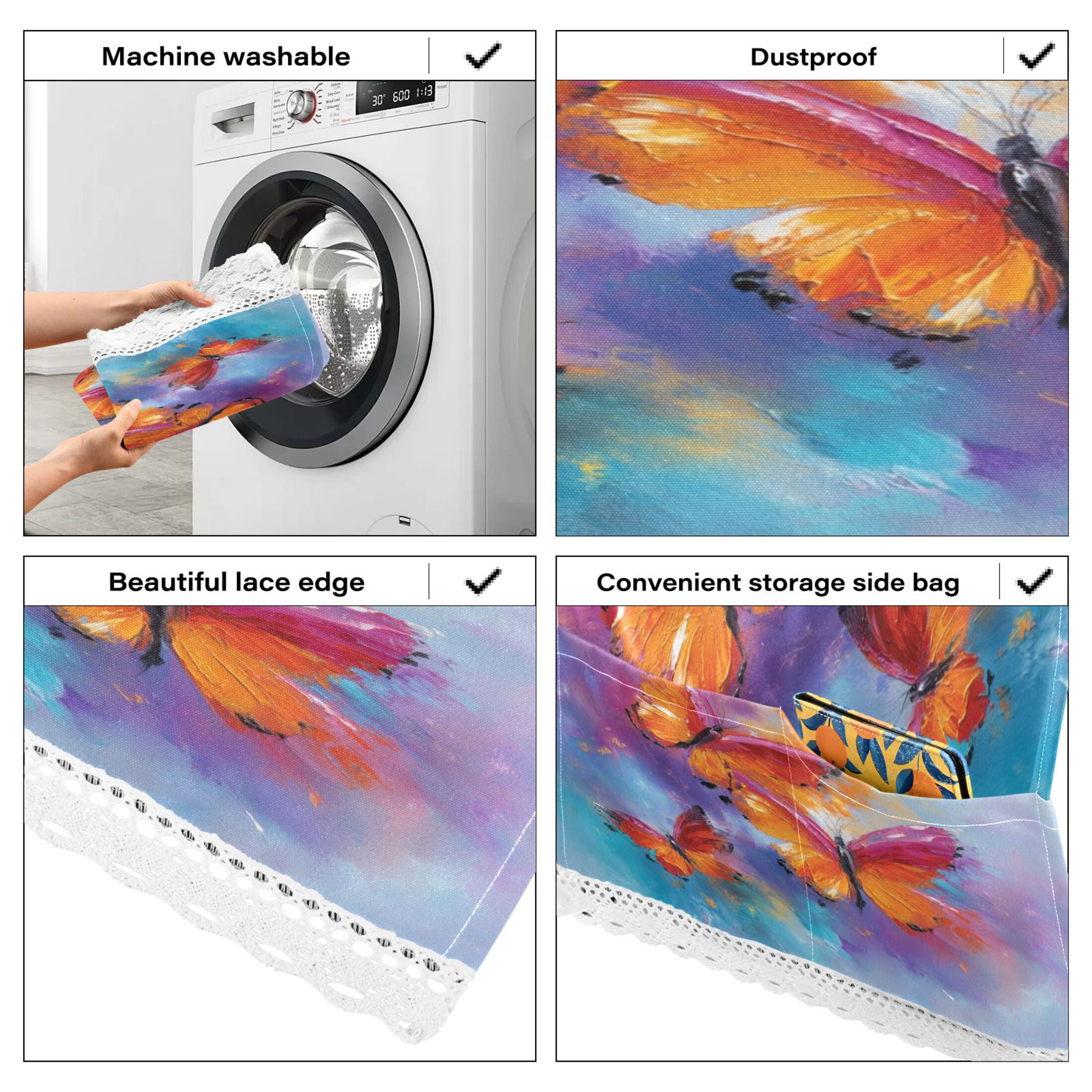 Dustproof Washing Machine Cloth Washer and Dryer Top Covers, Fridge Dust Cover, With Storage Bags Red and Orange Butterflies