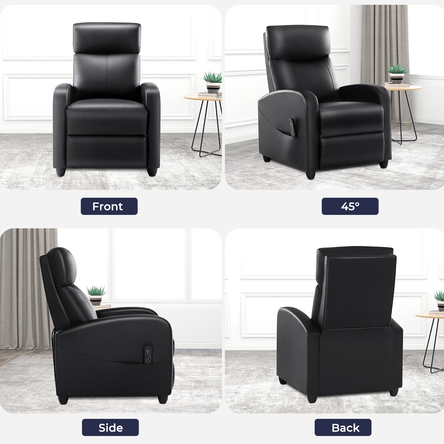 edx Recliner Chair with Massage, PU Leather Single Sofa with Padding Seat for Living Room Bedroom, Black