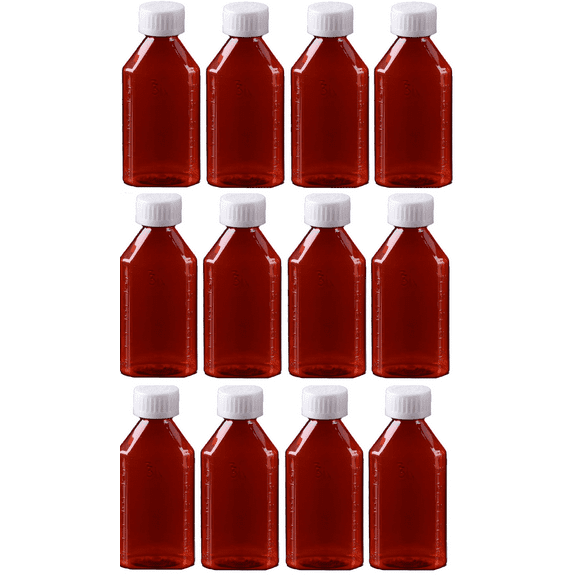 Oval Plastic Bottles 3 oz - Amber (Pack of 12) CR caps - Liquid Medicine Container, Pharmacy Bottle, Medicine Dispenser by BioRx Sponix