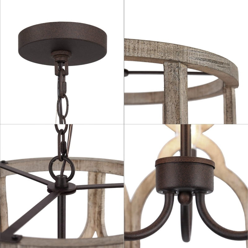 LNC 3-Light Distressed Grayish Wood and Rustic Bronze Cylinder Farmhouse Chandelier