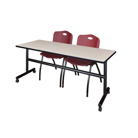 72" x 30" Flip Top Mobile Training Table- Maple and 2 "M" Stack Chairs- Burgundy