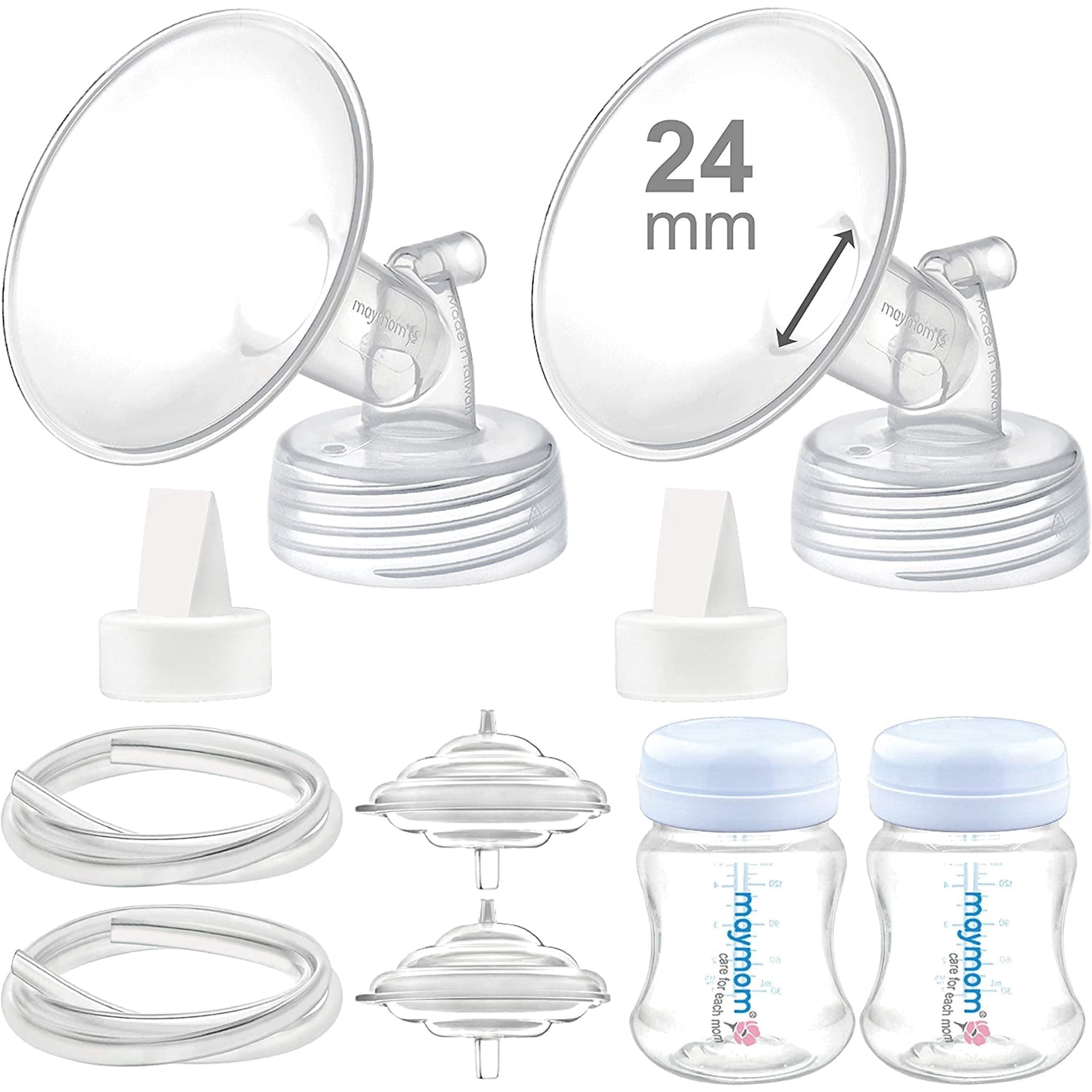 Maymom Pump Parts 24 mm Flanges, Valves, Tubes, Backflow Protectors, Bottles with One-Piece Travel Caps for Spectra S1 S2 9 Plus Breastpump. Replacement Pump Parts for Spectra Pump Accessories