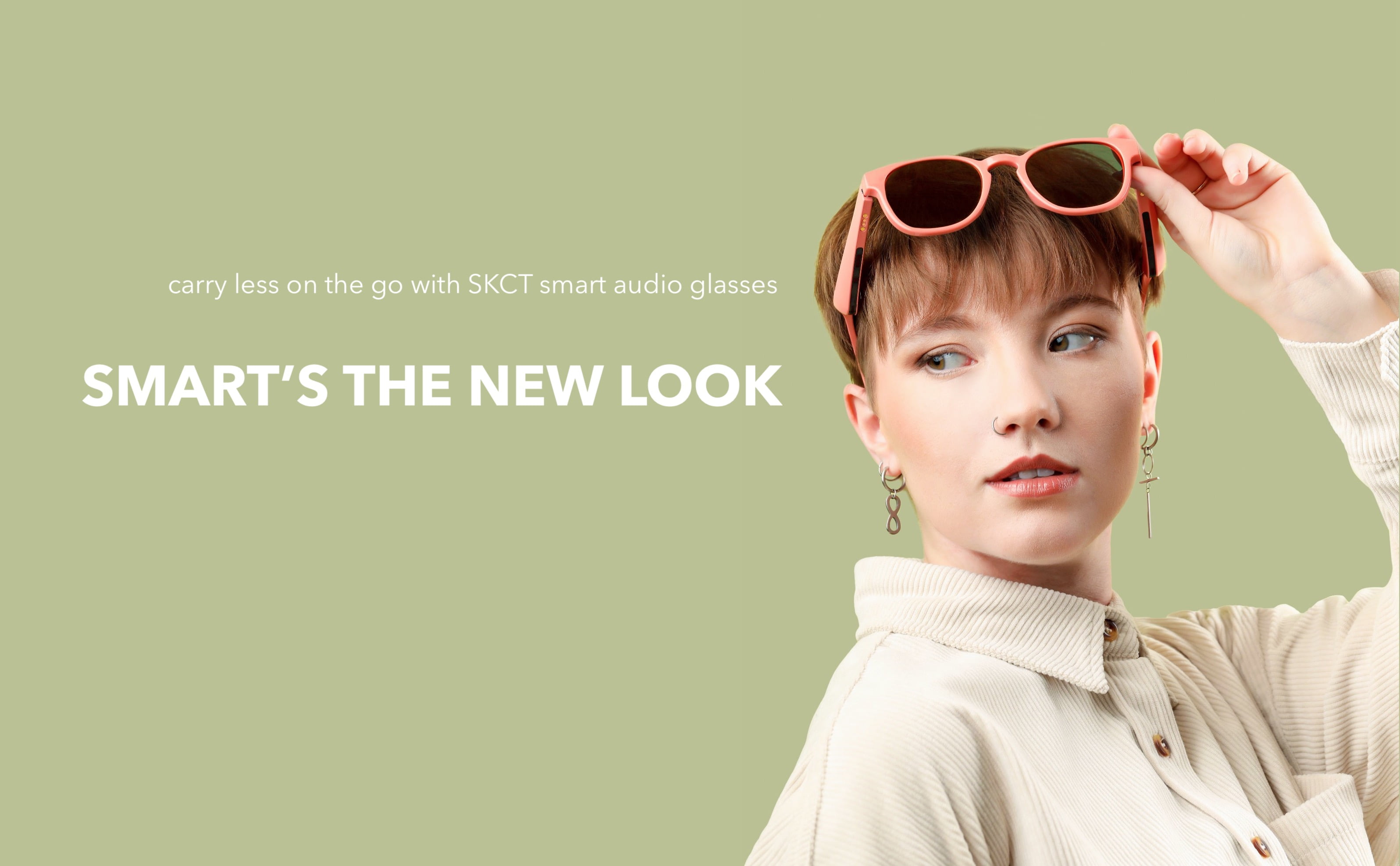 SKCT Smart Glasses, Bluetooth Sunglasses with Polarized lenses, Bluetooth Audio & Hands Free Calling, Open Air Audio, Auto On/Off, Pink with Amber Lenses, 3 styles Switchable Lenses