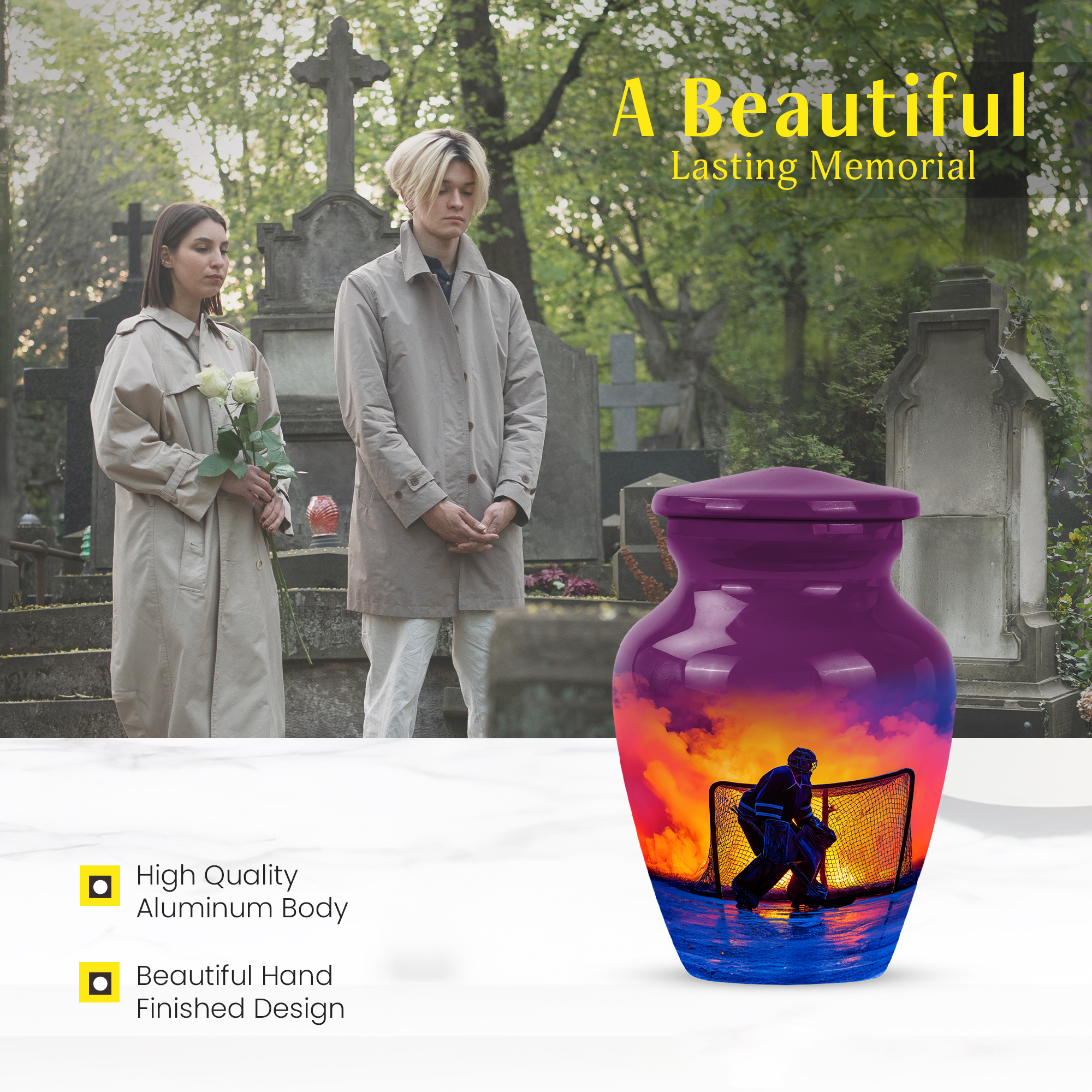 MUKTIVE Ice Hockey Mini Urns for Human Ashes, Purple Small Urn for Ashes for Women, Keepsake Urn for Mother& Father Burial Ash, Goalkeeper Urns for , Funeral, Burial & Memorial Settings
