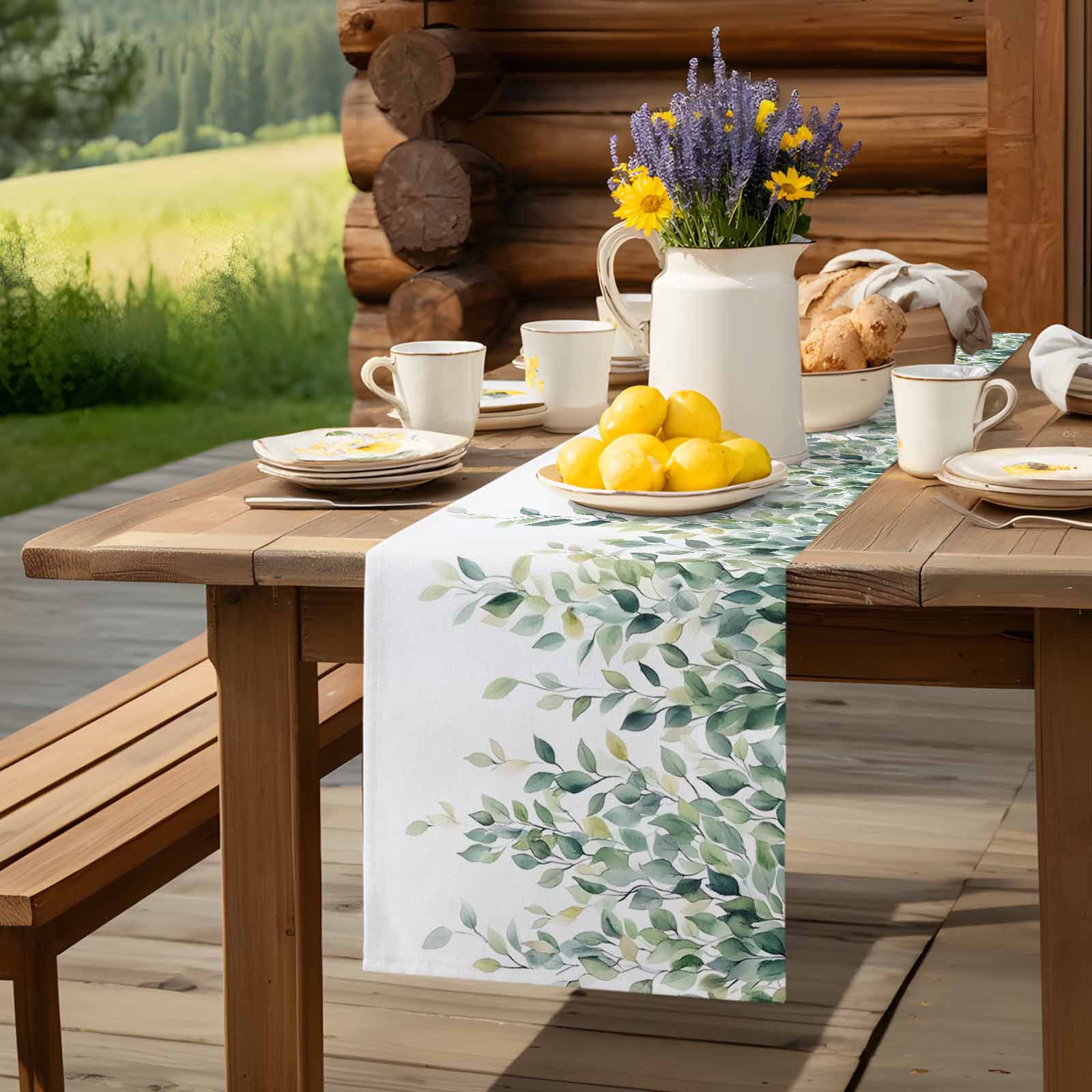 Green Watercolor Eucalyptus Leaves Table Runner 90 Inches Long, Spring Foliage on White Table Runners Tabletop Scarf Kitchen Dining Tables Decoration for Home Party Indoor Outdoor
