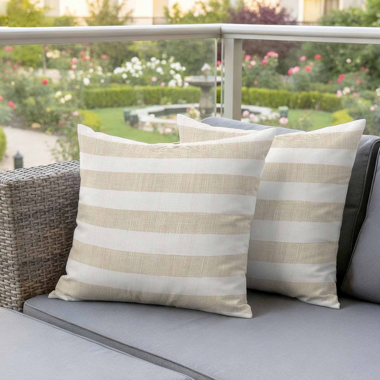 Vintage Linen Outdoor Pillow Covers 26"x26" Set of 2, Striped Beige Theme Farmhouse Waterproof Throw Pillow Covers for Patio Furniture, Decorative Cushion Covers for Porch