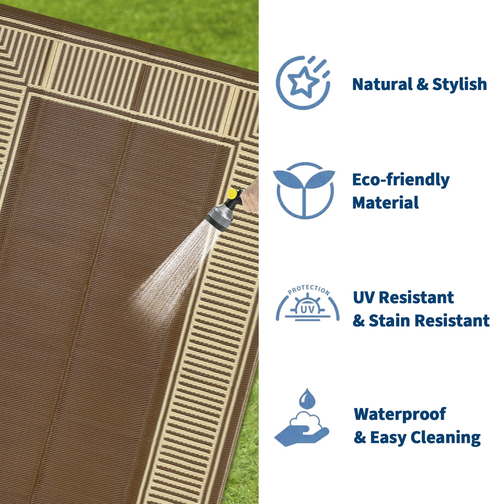 Garvee 9'x18' Waterproof Outdoor Area Rug Reversible Plastic Geometric Bordered Patio Mat UV-Protected for Deck, Backyard, RV and Camping, Brown