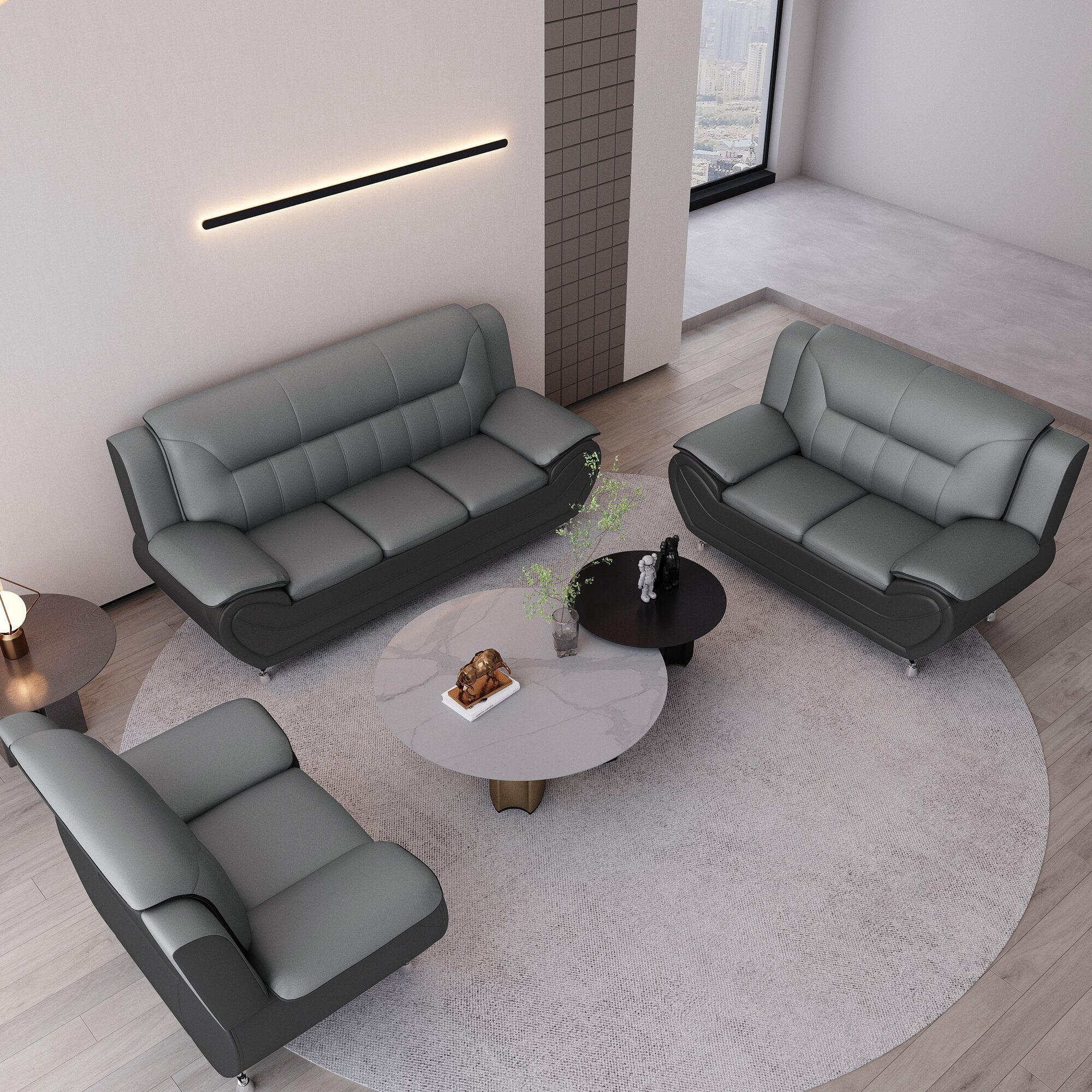 Uspridefurniture Eveland Faux Leather Upholstered 3Pcs Living Room Set-Gray/Black