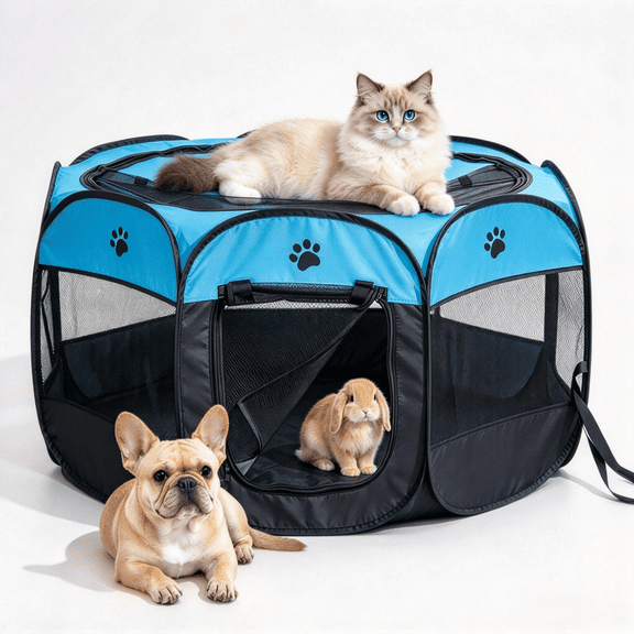 JUNBEI Dog Playpen Portable Collapsible, Indoor Outdoor Pet Puppy Exercise Playpens Case with Zipper Door Top Cover Floor for Large Cat Rabbit Travel Camping (Medium Size, Black/Blue)