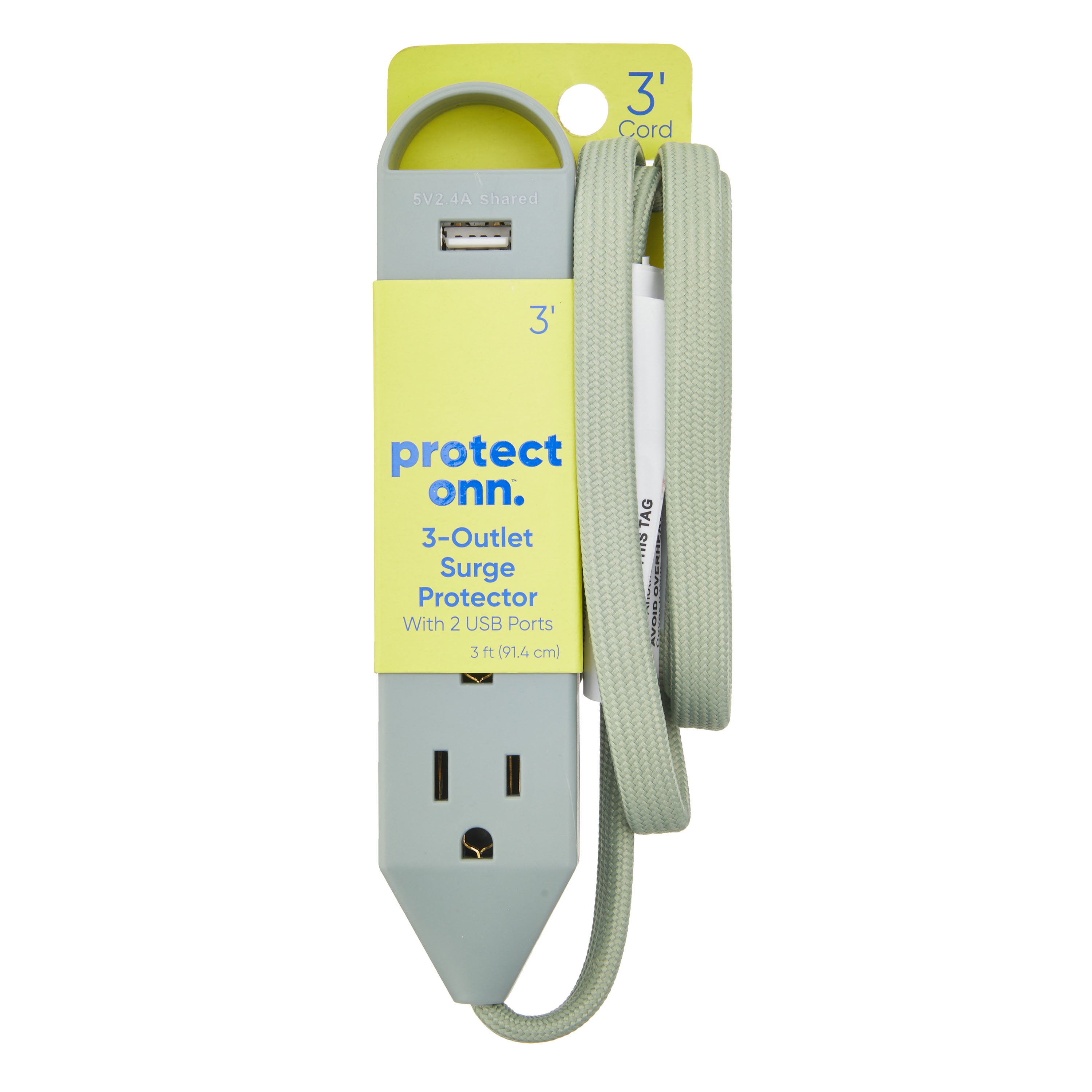 onn. 3-Outlet Surge Protector with 2 USB Ports, Green, 3ft Power Cord, 3 AC Outlets, 2 USB Ports