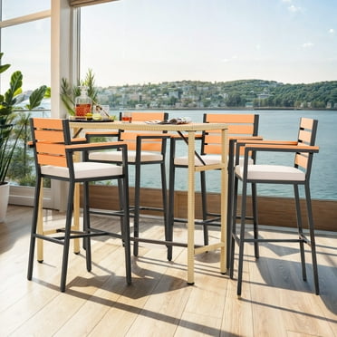 Wooflex 5-Piece Outdoor Indoor Rattan Patio Bar Table Set, Wicker Bar Stool and Plastic Wood Bar Table for Dining, Backyard, Gardens and Balcony, Light Brown