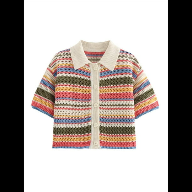 Conjuntos de Dos Piezas de Punto para Mujer: Cárdigan de Rayas con Botones y Pantalones Cortos, Pantalones Cortos y Pantalones Cortos Tops de Rayas de Colores M