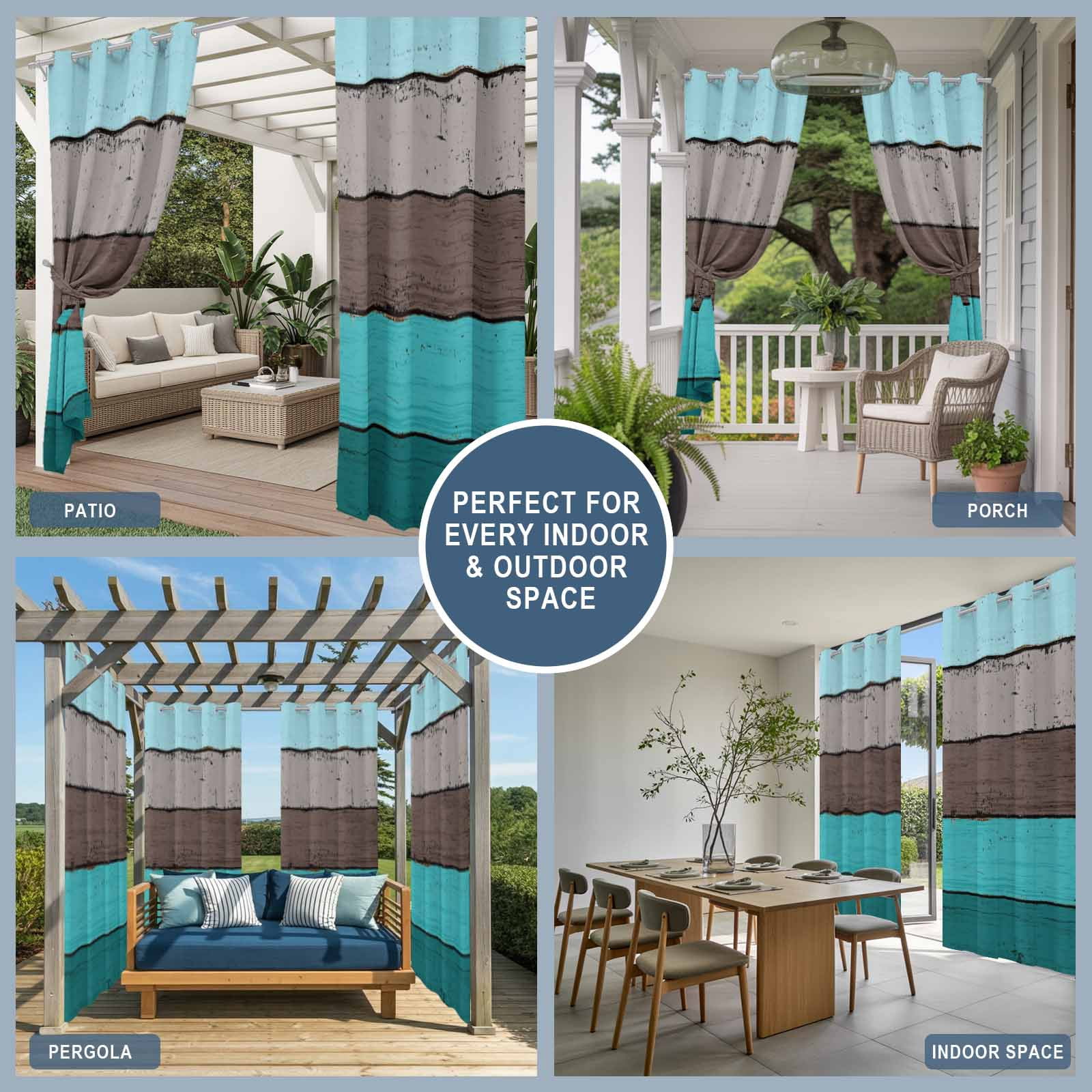Outdoor Curtains for Patio Waterproof, Aqua Grey Windproof Pravicy Outside Porch Blackout Curtain, Vintage Stripe Farmhouse Wood Grain Ombre Sun Blocking Grommets Curtains for Cabana Gazebo 54"x108"
