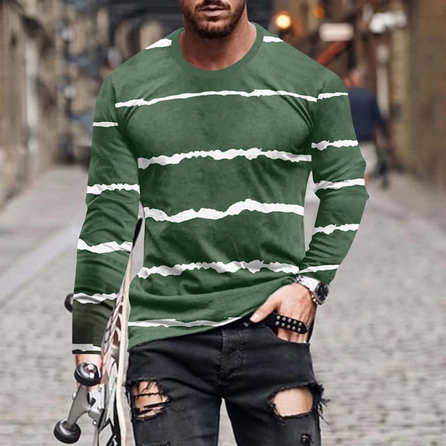 Blusas y camisas de manga larga con cuello redondo para hombre, blusa informal de manga larga con cuello redondo y estampado de rayas para hombre.