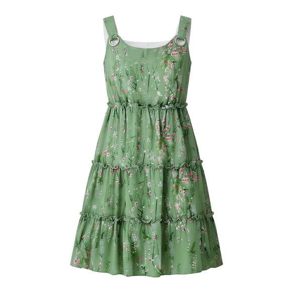 DHFJKG Summer Dresses For Women Bohemian Floral Mini Dress Beach Vacation Clothes Ruffle Hem Sleeveless Scoop Neck Tiered Dress Trendy Dresses