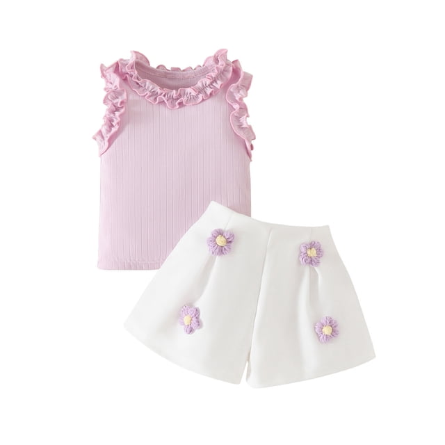 Summer Toddler Baby Girl Outfits Sleeveless Ruffle Tops + Flower Shorts Set Fashion Clothes