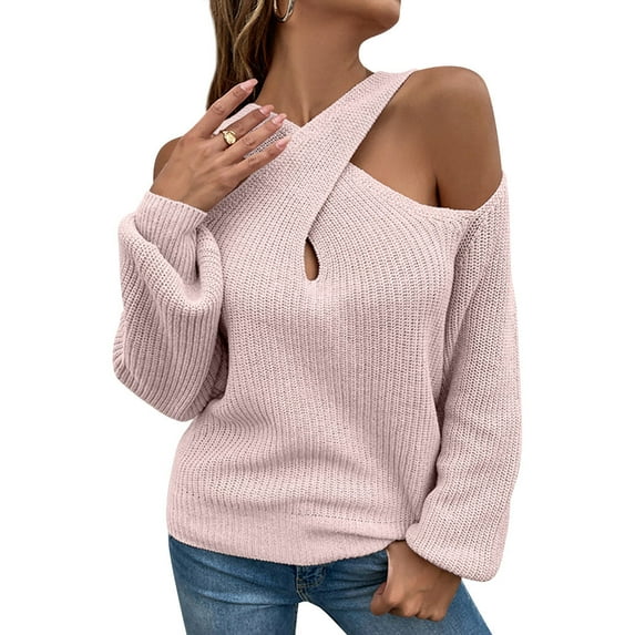 Xuanfei Women Crossover Neck Cold Shoulder Long Sleeve Solid Color Knit Sweater
