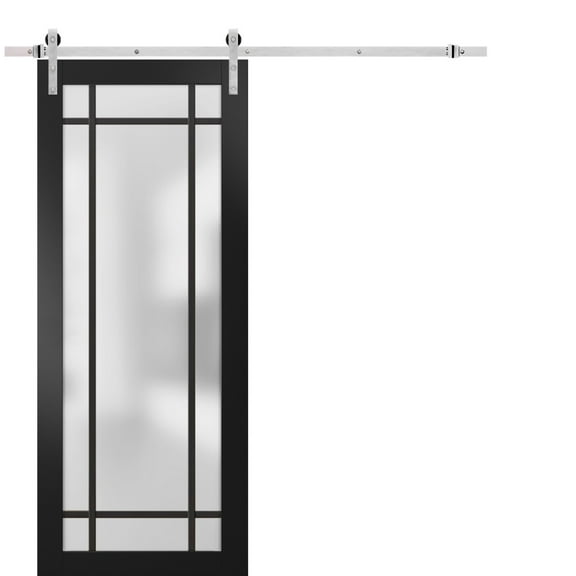 Sturdy Barn Door 18 x 80 inches | Planum 2112 Matte Black Frosted Glass | Stainless Steel 6.6FT Rail Hangers Heavy Set | Solid Panel Interior Doors