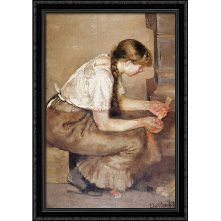 Girl Kindling a Stove 28x40 Large Black Ornate Wood Framed Canvas Art by Edvard