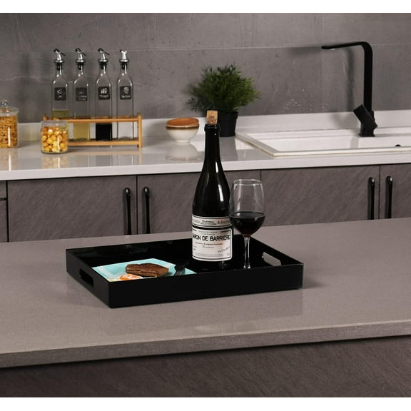 Black Acrylic Serving Tray with Handles, 16" x 12" Decorative Tray for Breakfast, Tea, Coffee, Food, Vanity, Countertop