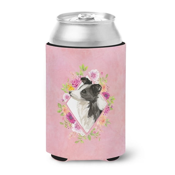 Border Collie Pink Flowers Can or Bottle Hugger