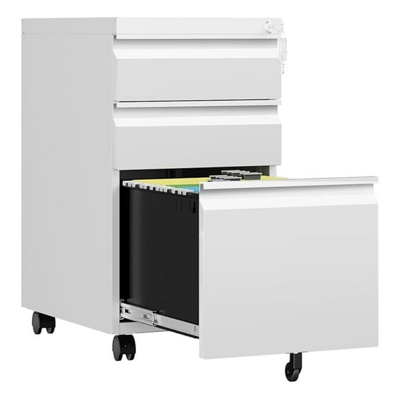3 Drawer Mobile File Cabinet with Lock, Rolling File Cabinets for Home Office, Under Desk Small File Caninet on wheels, Metal Vertical White Filing Cabnet for Legal/Letter/A4 - Assembly Required