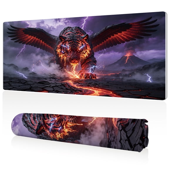 LIVEKEY Mythical Flaming Tiger Mouse Pad 80x40x0.3cm Extra Large Full Desk Coverage Non Slip Durable Easy Clean Stitched Edges for Gaming and Office