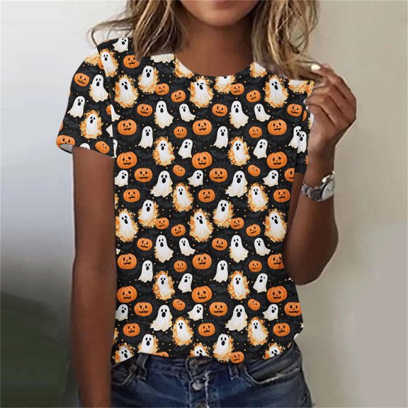 ersvoioy Halloween Shirt Women Funny Print Shirts Fashion Crewneck Halloween Short Sleeve Graphic Tees Fall Holiday Party Family T-Shirts Tops Multicolor L