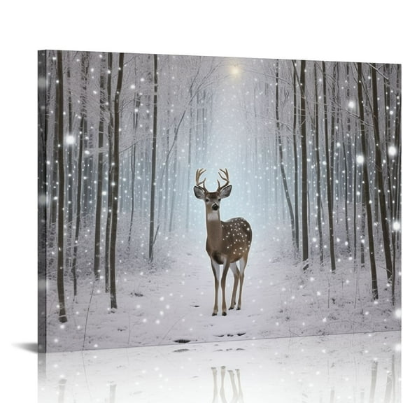 MLJA 20x16in Lighted Canvas Wall Art Prints Deer Walking in the Forest Picture Winter Scene Artwork for Holiday Decor