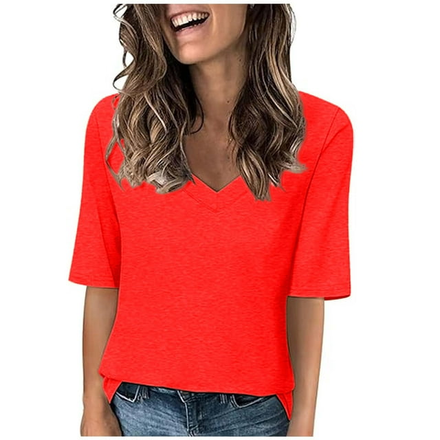 AherBiu T Shirts for Women Basic Solid Color V Neck 1/2 Sleeve Loose Fitting Summer Comfy Tees Shirts Tops