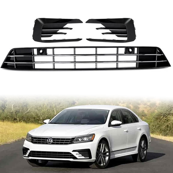 Fit VW Passat R-Line 2016-2019 Front Lower Grille & Fog Light Cover W/ Sensor Hole, with Chrome Trim