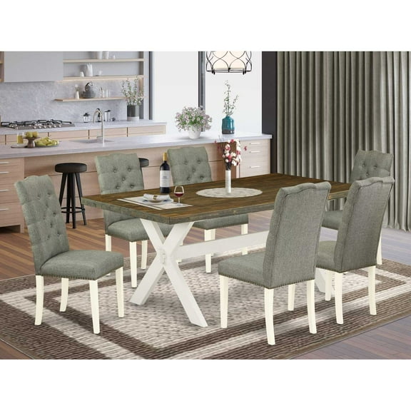 East West Furniture X077EL207-7 7-Pc Dinette Room Set- 6 Parson Chairs with Smoke Linen Fabric Seat and Button Tufted Chair Back - Rectangular Table Top & Wooden Cross Legs - Distressed Jacobean...