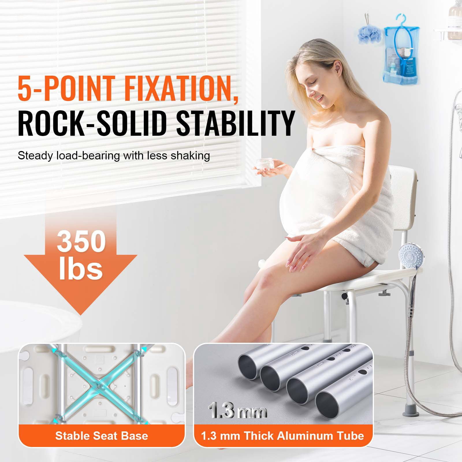Shower Chair with 350 lbs Capacity, Adjustable Height 15.35-20.47", Non-Slip Feet, Shower Head Holder, Storage Bag for Seniors Disabled