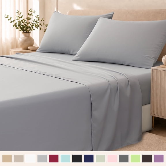 Beartech 4-Piece Microfiber Queen/Full Size Bed Sheets Set, Soft Breathable, 14-Inch Deep Pocket Fitted Sheet, Flat Sheet & 2 Pillowcases, Light Gray