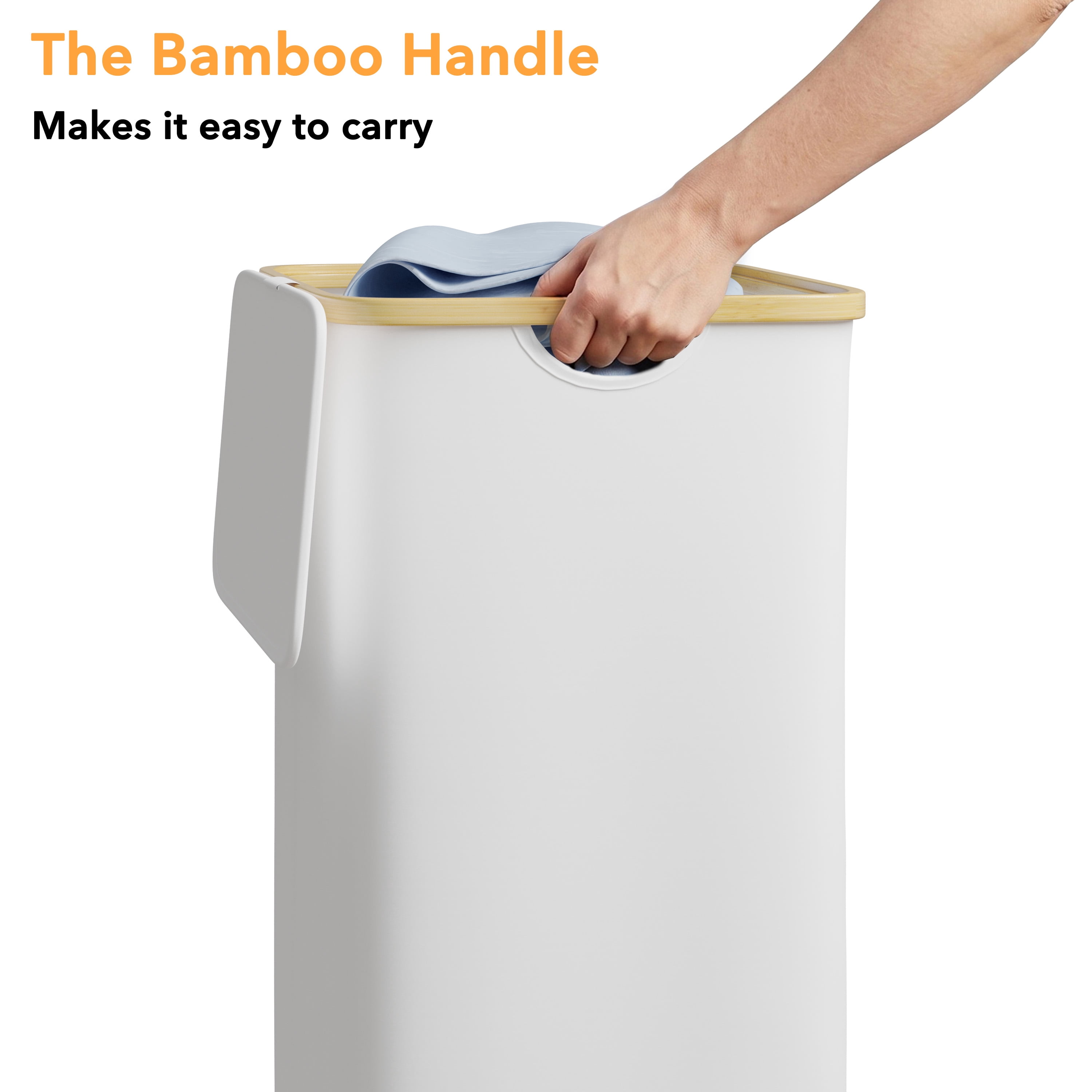PLUMEBAY 110L Laundry Hamper with Lid, Large Foldable Clothes Basket with Bamboo Handles, Tall Fabric Hamper for Bedroom, Bathroom, Dorm, White
