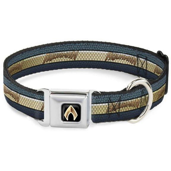 DC Comics Pet Collar, Dog Collar Metal Seatbelt Buckle, Aquaman Scales Stripe Blues Golds, 9.5 to 13 Inches 1.0 Inch Wide