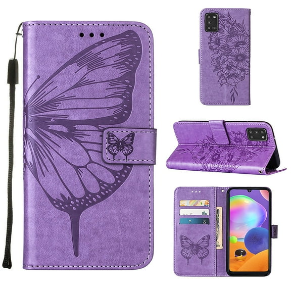 Galaxy A51 5G Wallet Case, Embossed Butterfly PU Leather Credit Card Holder Slots Full Body Protection Kickstand Flip Folio Shockproof TPU Phone Cover for Samsung Galaxy A51 5G, Light Purple