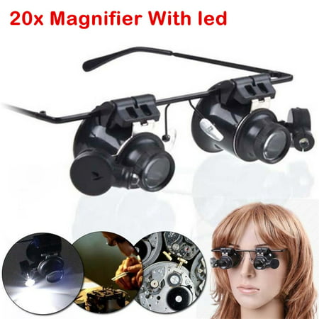 LED Magnifier Double Eye Loupe Glasses Jeweler Watch Repair 10X 20X Lens