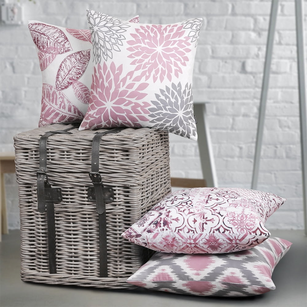 Phantoscope New Living Series Duplex Printing Decorative Throw Pillow Covers, 18" x 18", Pink and Gray, Set of 4
