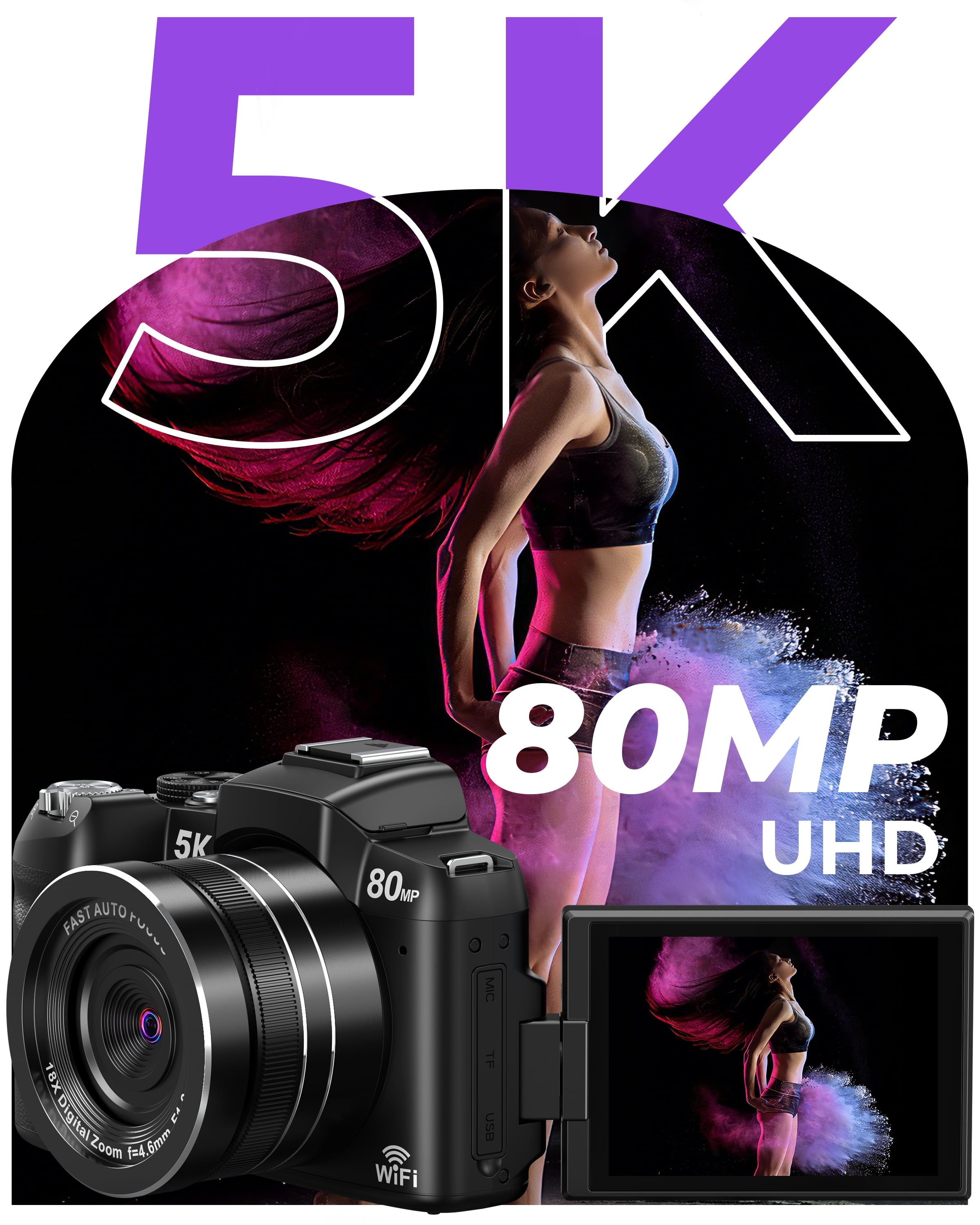 MARVUE Digital Camera 5K UHD 80MP WiFi Vlogging Camera Photography 3’’270 Flip Screen Autofocus with 32GB TF Card
