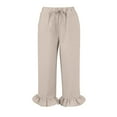 thumbnail image 6 of Lodgix Linen Capri Pants for Women Wide Leg Ruffle Hem Flowy Beach Pants with Pocket Crop Casual Loose High Waisted Trousers Khaki M, 6 of 7