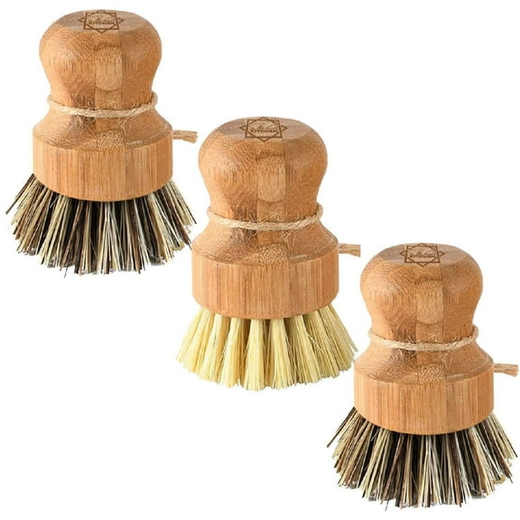 Bamboo Scrub Brush - Cleans Pan/Vegetable/Dishes/Wok, Scrub Brush Dishes for Kitchen/Bathroom, Made Out of Palm & Sisal Bristles with a Handle, Vegetable Brush for Cleaning, Set of 3