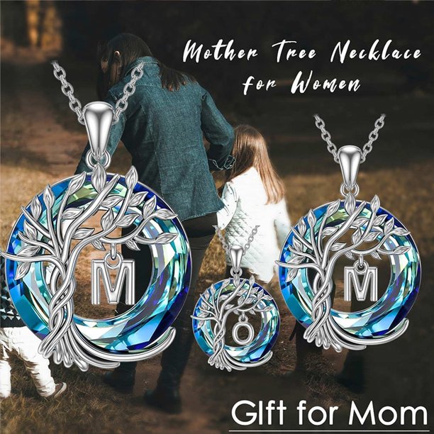 Tree of Life Necklace for Women Initial Letter A To Z Blue Crystal Circle Name Pendant Birthday Mother's Day Gift for Mom Wife45cm Gao Jinjia LED