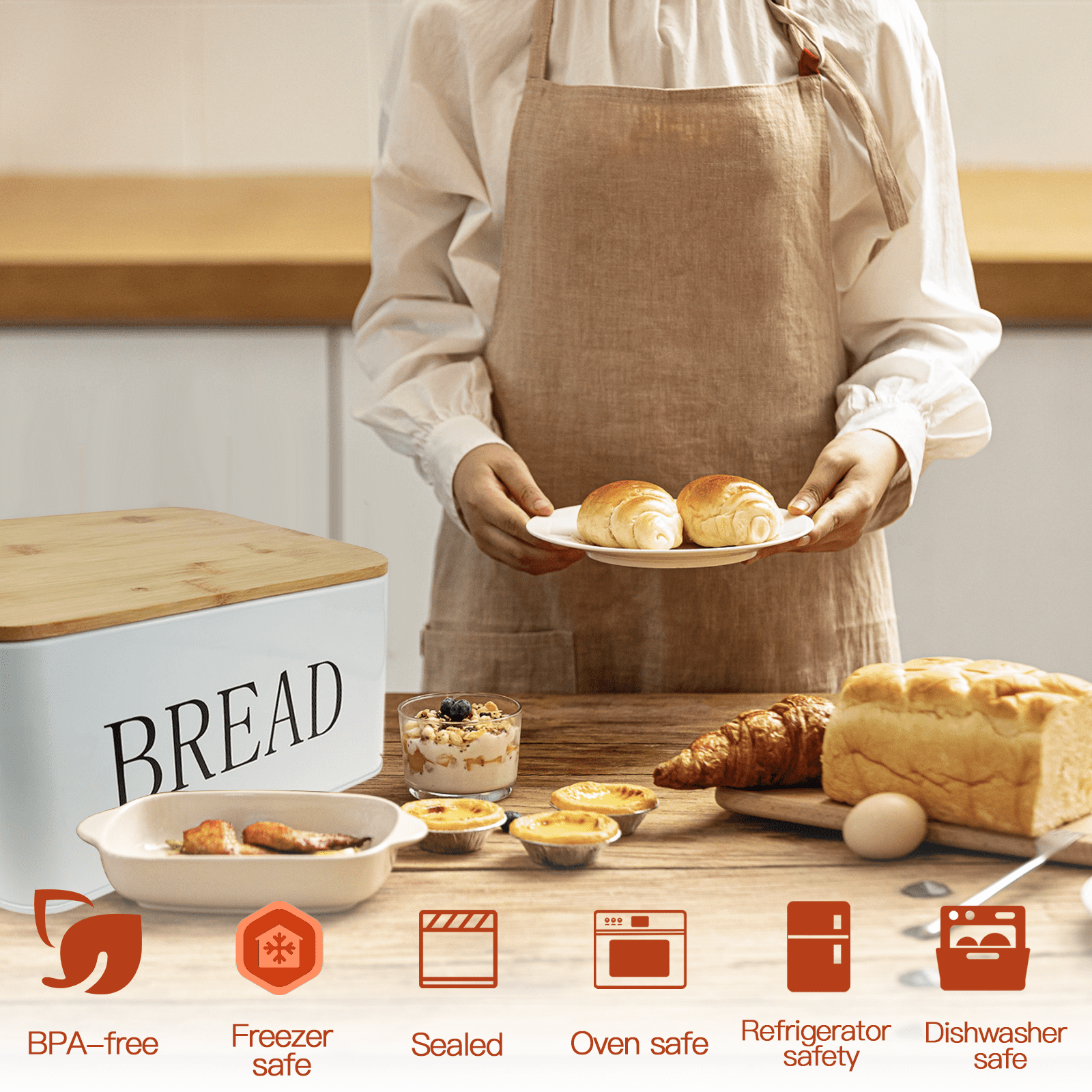 SPOKKI Modern Metal Bread Box with Bamboo Cutting Board Lid, Bread Storage Container for Kitchen Counter, Vintage Kitchen Decor Organizer